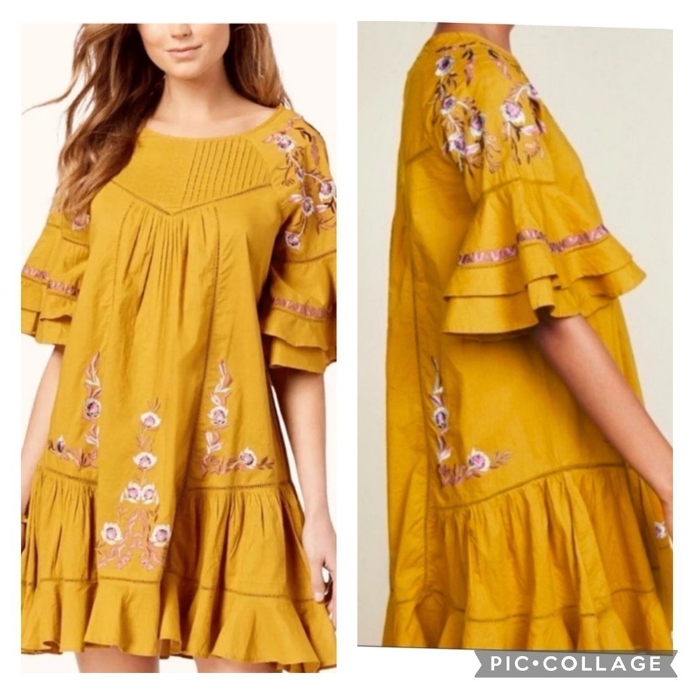 FREE PEOPLE Pavlo Embroidered Baby Doll Mini Dress
Size XS Gold